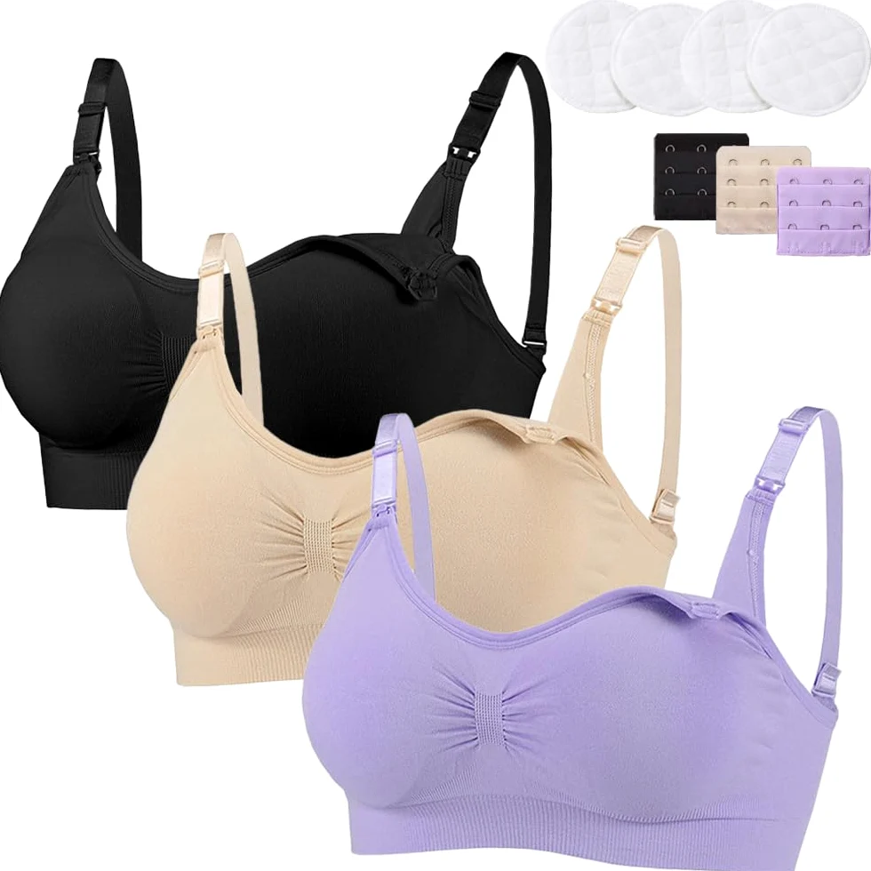 Paquete de 3 Sujetadores de Lactancia para Mujer, Sujetador de Maternidad inalámbrico sin Costuras, Sujetadores de Lactancia, Bralette, Camisola, Sujetadores para Dormir con Almohadillas extraíbles