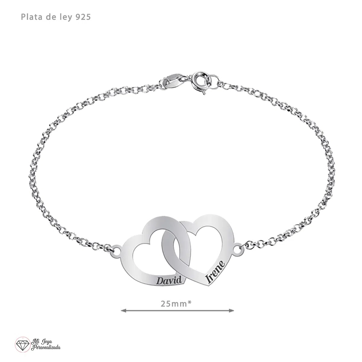 Pulsera Doble Corazón Personalizada en Plata de Ley 925 con 2 Nombres Grabados – Regalo Romántico para Pareja, Mujer o Amiga – Mi Joya Personalizada
