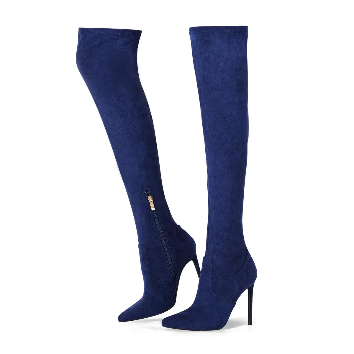 GENSHUO Botas altas hasta el muslo para mujer con tacón de 11 cm de alto, piel de ante sintética, punta sexy, botas largas con tacón de aguja