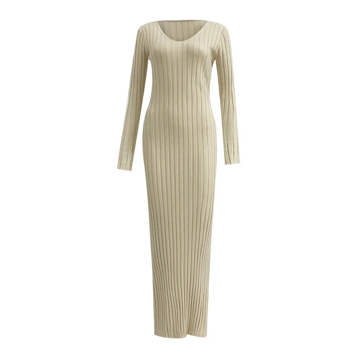 Elegante vestido largo de punto con cuello alto, estructura acanalada, diseño entallado, adelgazante, casual, con ajuste en la cintura
