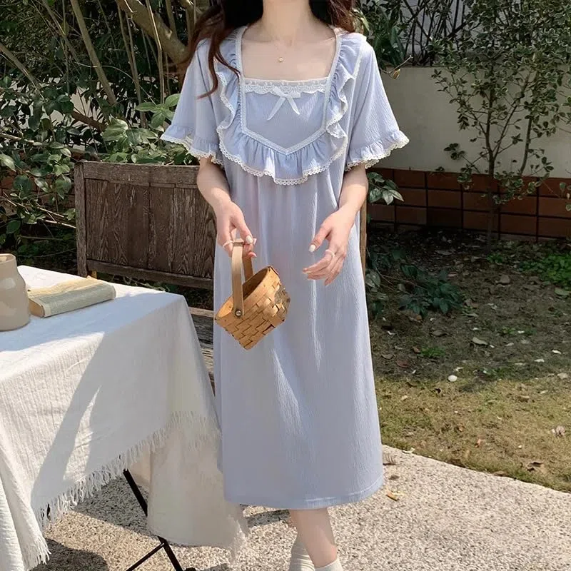 OFFSUM Camisón De Pijama De Mujer - Dulce Verano Encaje Bordado Princesa Ropa De Dormir Estilo Francés Temperamento Albornoz Cuello Cuadrado Color Sólido Ropa De Casa