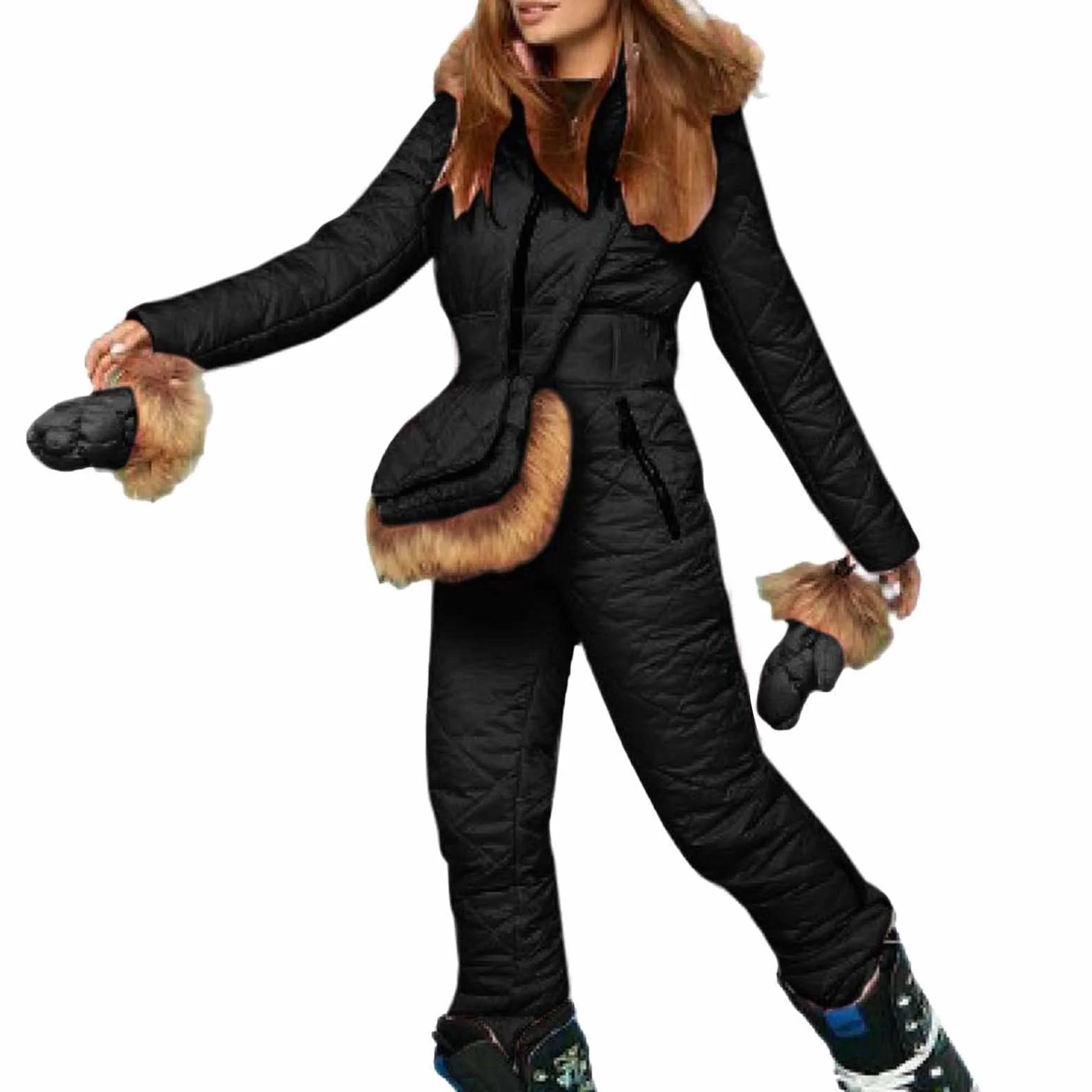 Mono de nieve para mujer - Traje de esquí para mujer, 3 piezas, mono de esquí de una pieza, conjunto de esquí con guantes de esquí, bolsa para cinturón, invierno cálido