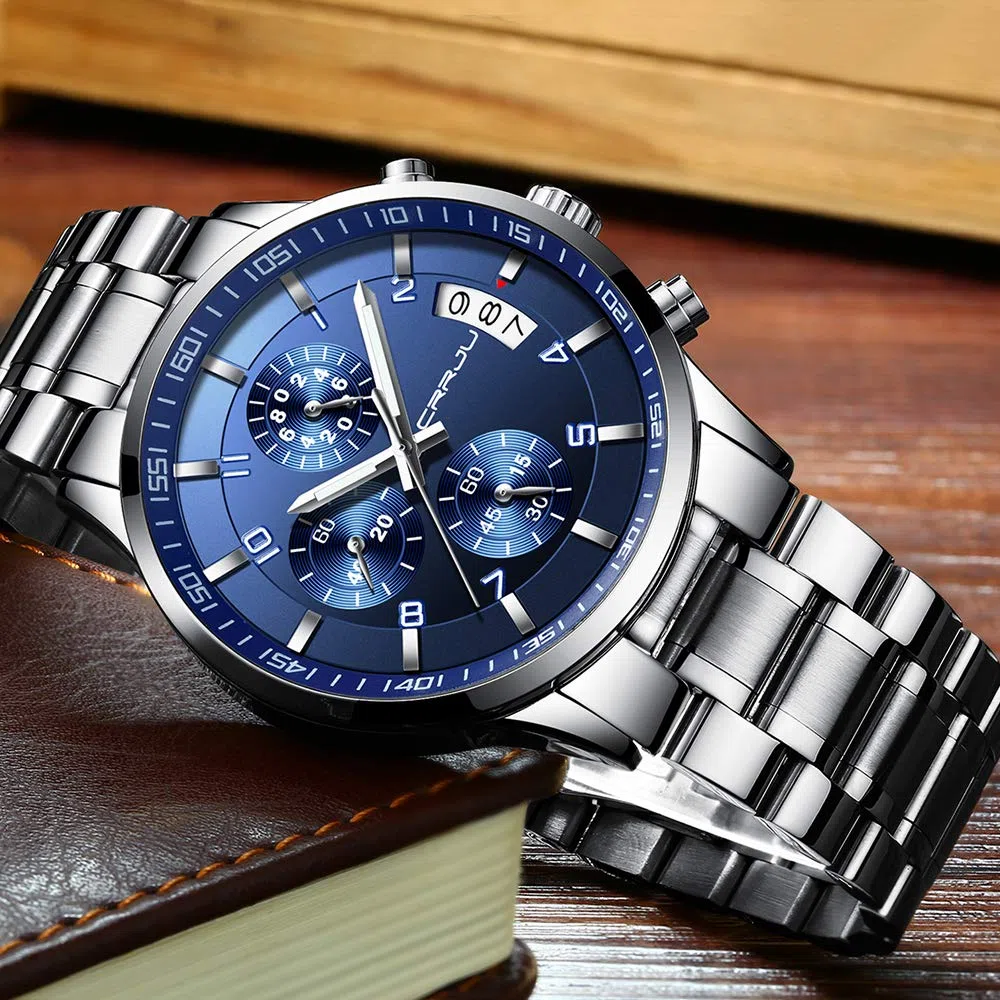 CRRJU Relojes de Pulsera para Hombres Impermeable Moda Analógico Cronómetro para Hombre de Cuarzo con Correa en Acero Inoxidable Negro Multifuncional Deportivos Reloj Regalos (Azul Plateado)