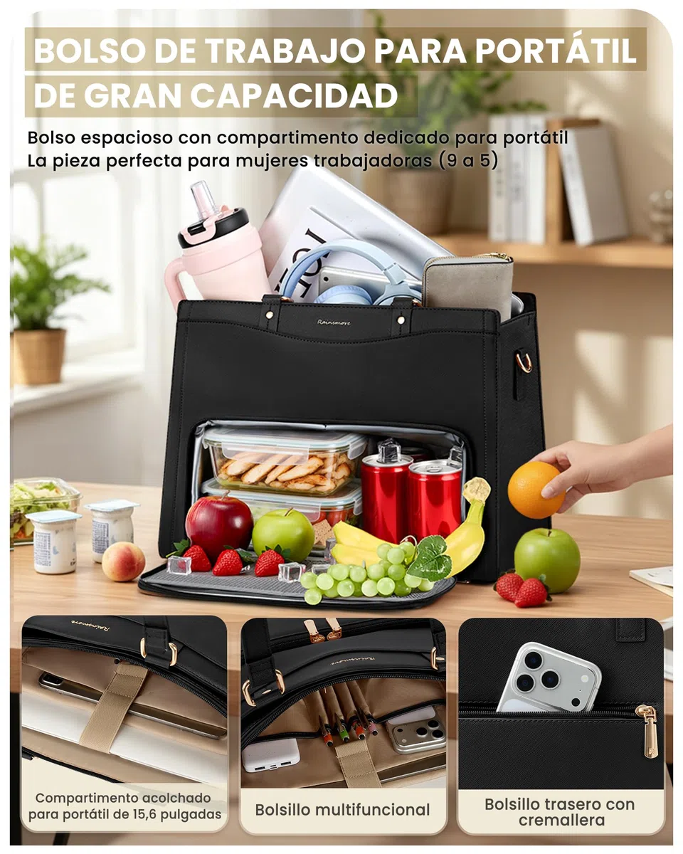 RAINSMORE Bolso Trabajo Mujer Ordenador Portátil de 15,6 pulgada con Nevera | Bolsa Profesora Maletín Maestra Grande Porta Alimentos para Oficina Universidad Shopper