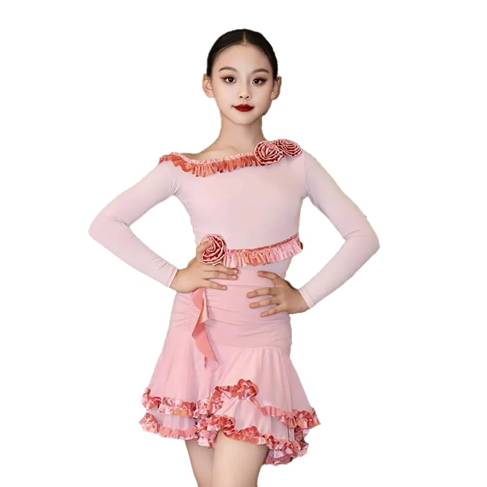 EFLALYHG Ropa de Baile para niñas y niños, Vestido de Baile Latino de Manga Larga para salón de Baile práctica actuaciones competición Disfraz