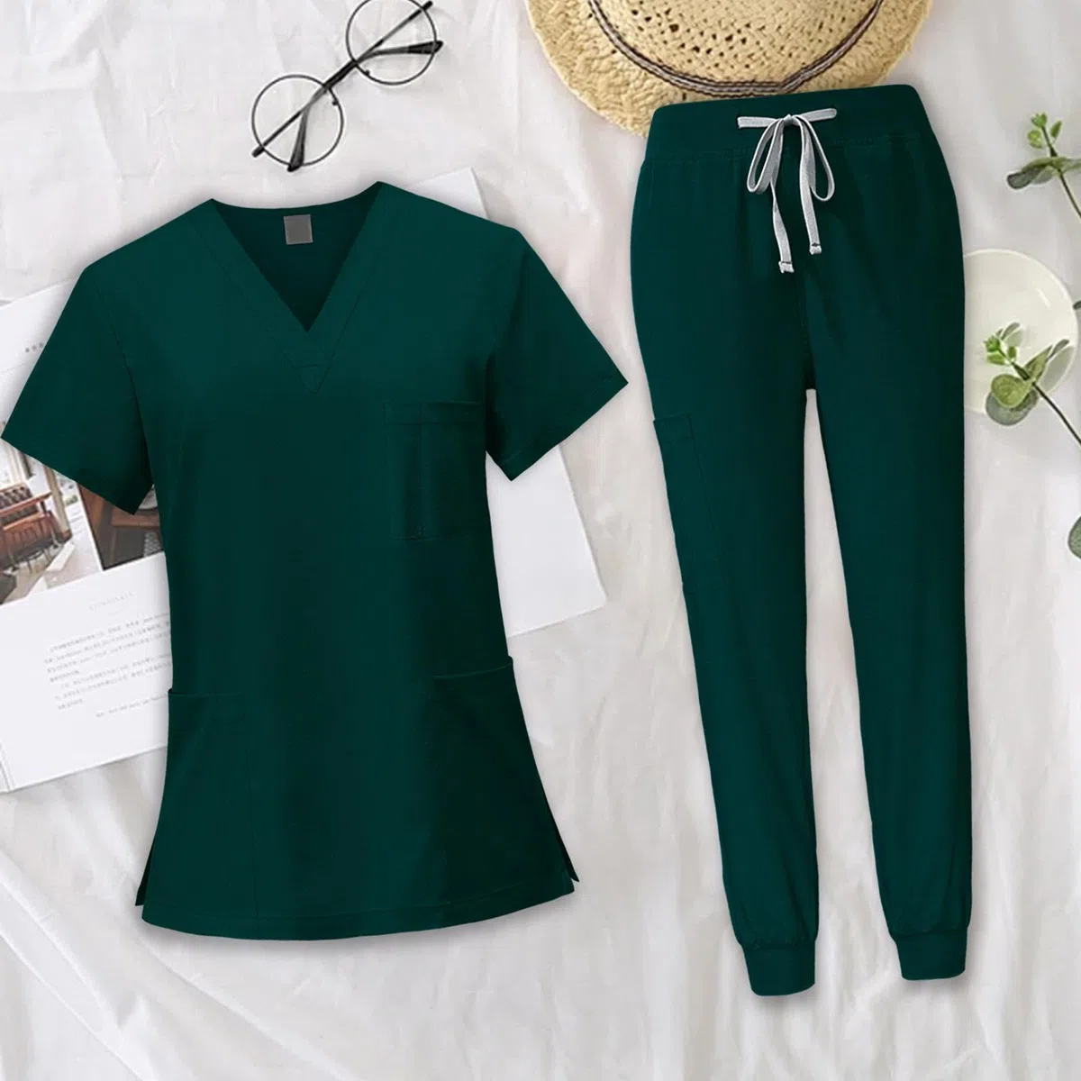 LRXFPIYF Enfermera Conjunto Uniforme Mujer Ropa Sanitaria Pantalón Blusa Accesorios Suave Poliéster Fácil de Lavar Adecuado para Cuidado Personal Centros Médic, Verde oscuro, s