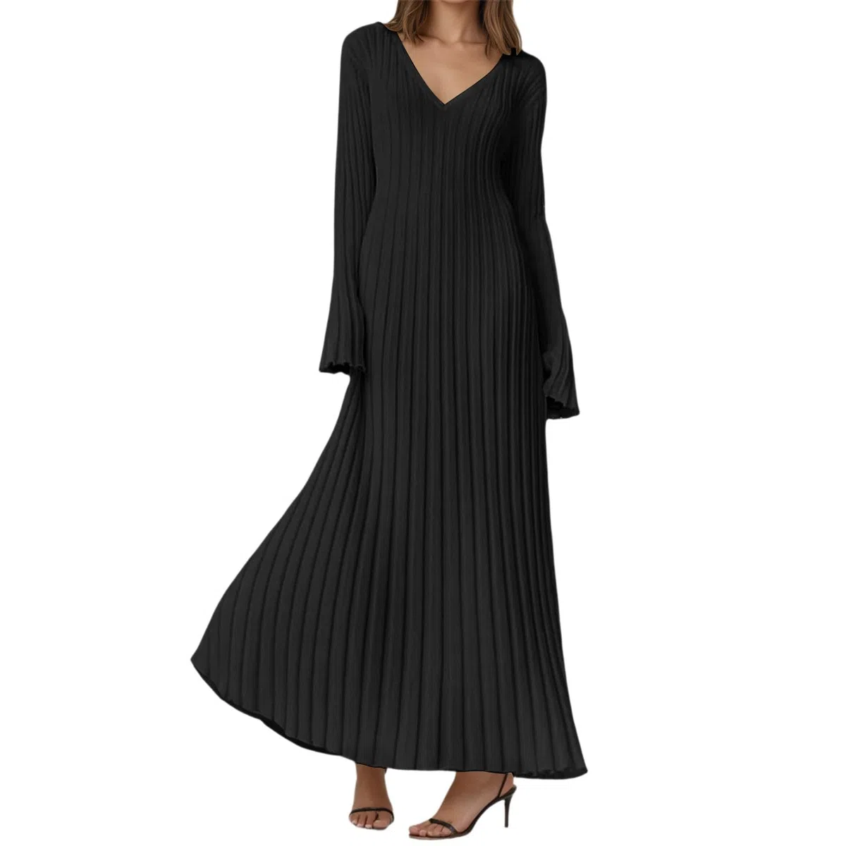 Elegante vestido largo de punto con cuello alto, estructura acanalada, diseño entallado, adelgazante, casual, con ajuste en la cintura