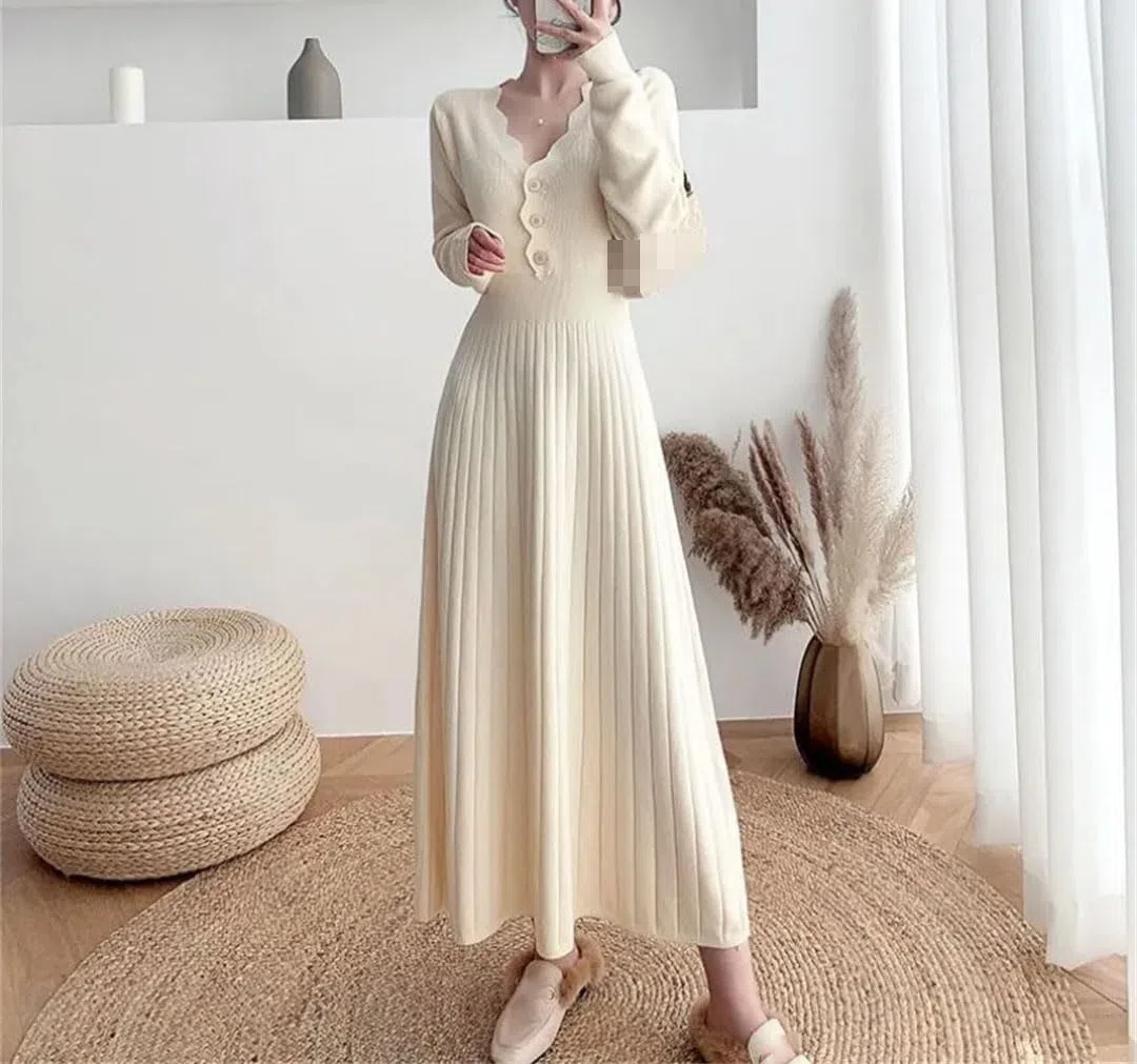 Vestido de punto para mujer para otoño e invierno, corte ajustado, manga larga, vestido de punto para fiesta, falda de lana.