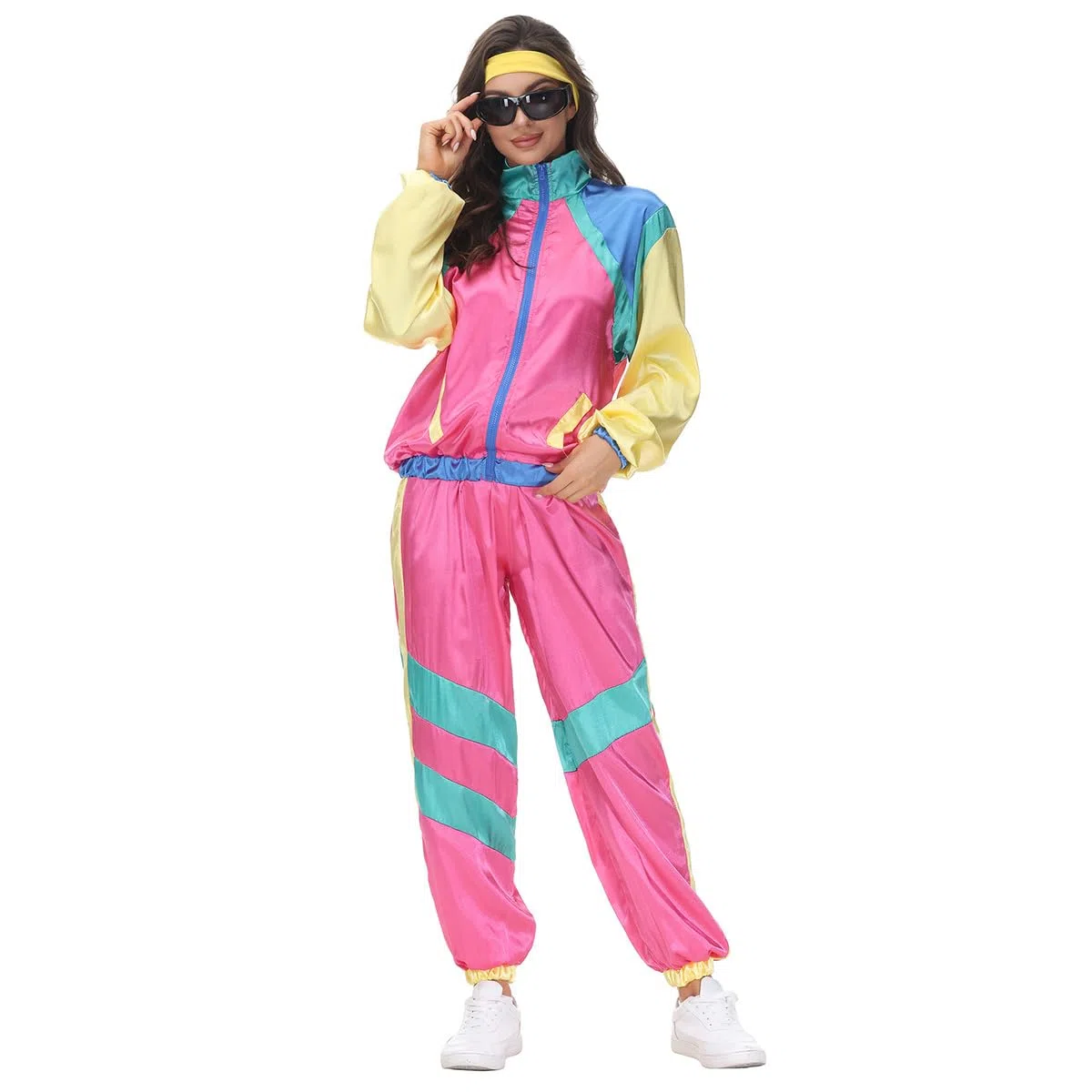 OBEEII Chándal de los años 80 para hombres y mujeres, chaqueta y pantalones, traje con diadema, traje de los años 80 para Halloween, fiesta vintage, carnaval