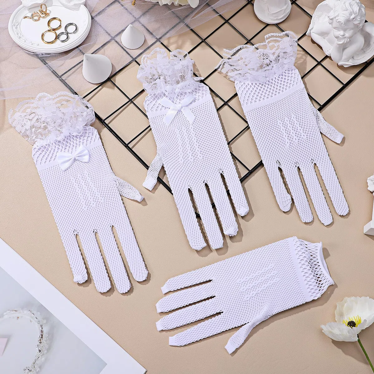 TEHAUX Guantes de Novia de Malla 12 Pares Blanco Poliéster para Boda | Transpirables y Cómodos, Pedrería y Lazos, para Banquete y Fiesta de Té, Uso Repetido