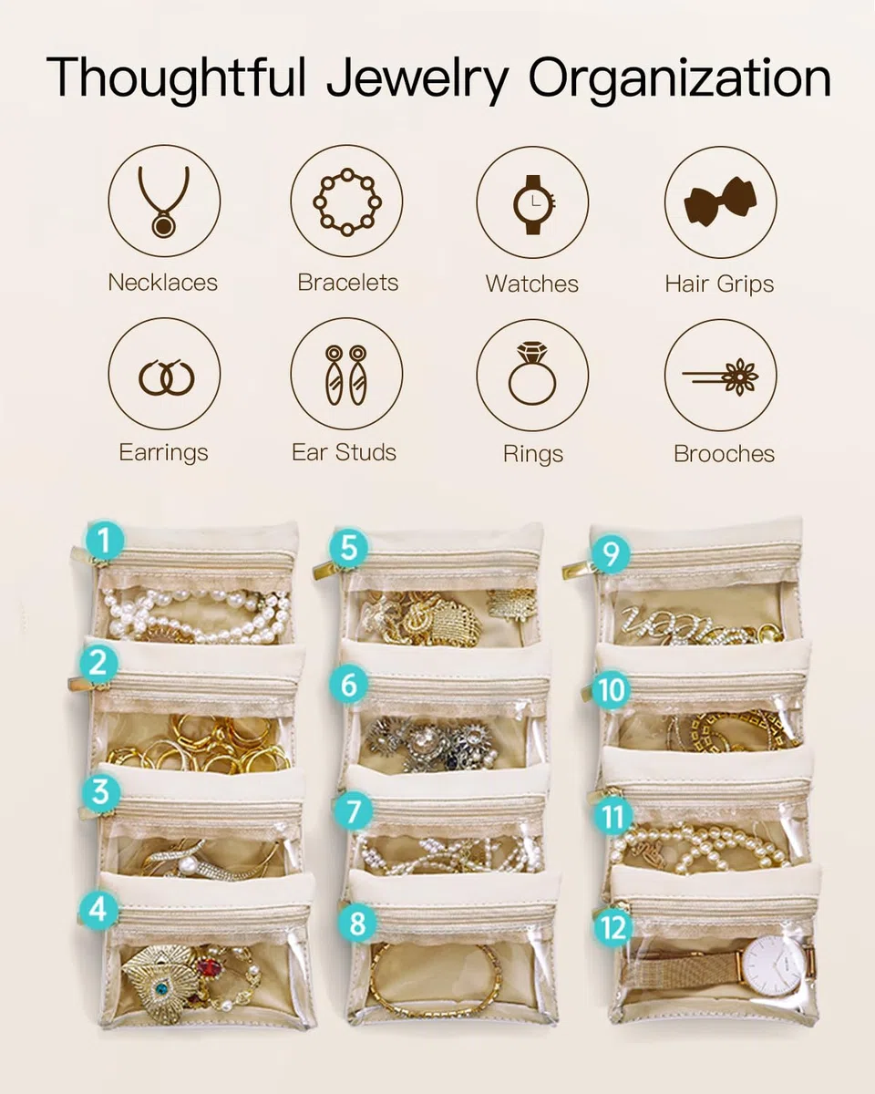 VLANDO Organizador de joyas de viaje de piel sintética con 12 bolsas de terciopelo para joyas, estuche para collares, anillos, regalos para mujer, color blanco-L