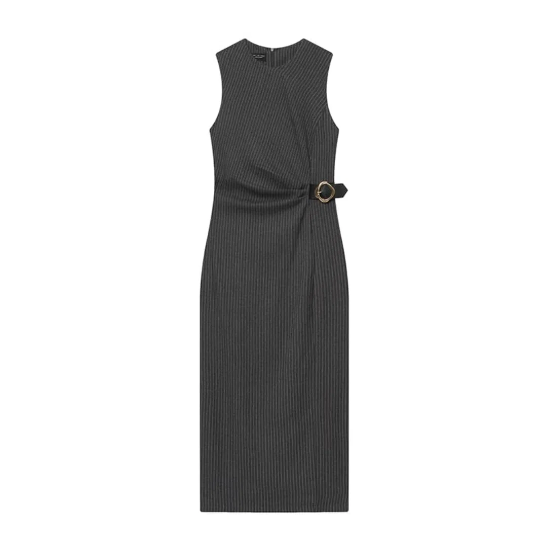 Vestido sin Mangas para Mujer, decoración de Hebilla de Moda, Vestidos Largos con Cuello de O Cuello Fruncido, Vestidos Midi Ajustados para Mujer