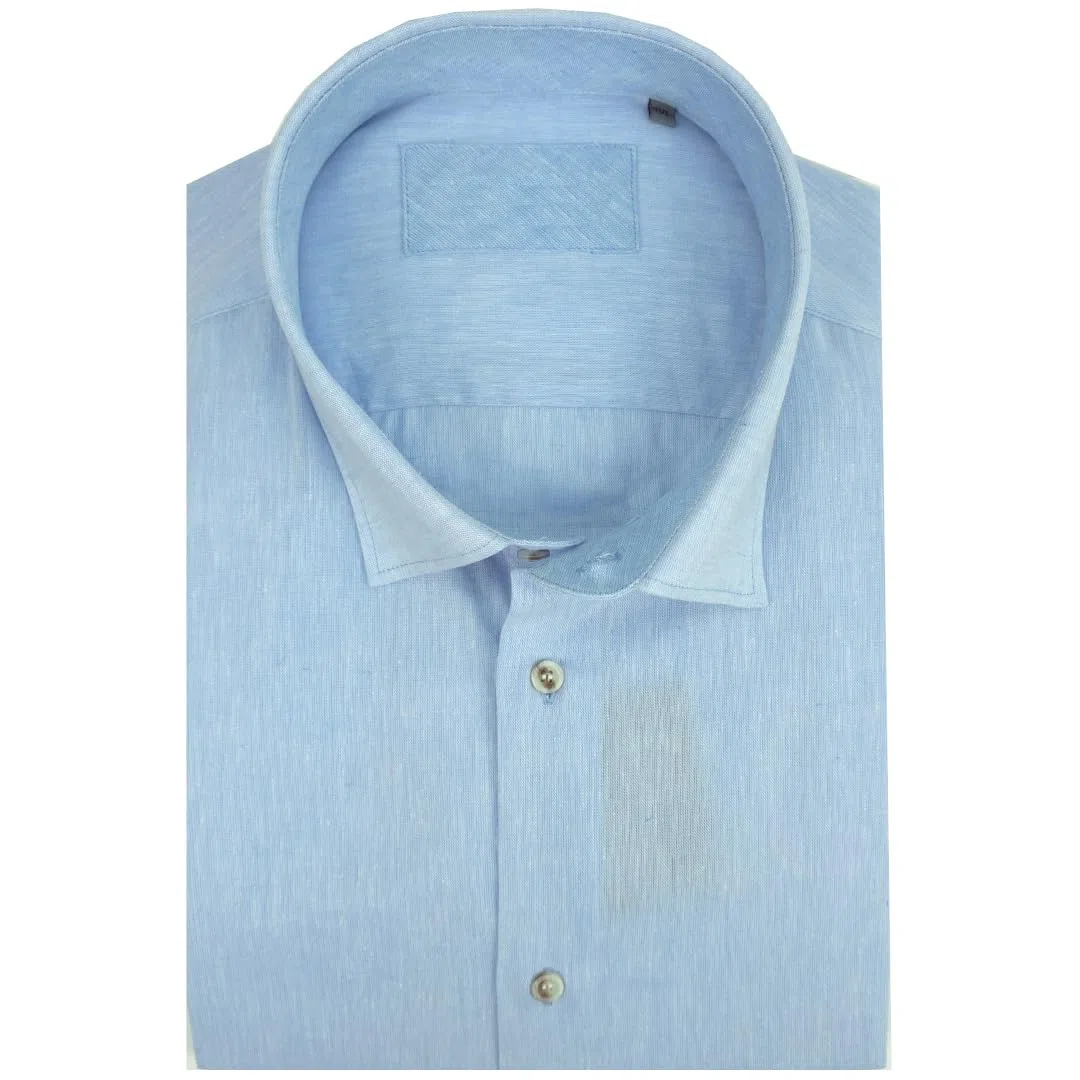Camisa de hombre de manga larga, 100% puro lino, tallas fuertes, botón Down, color liso, 4XL, 5XL, 6XL azul celeste 4XL