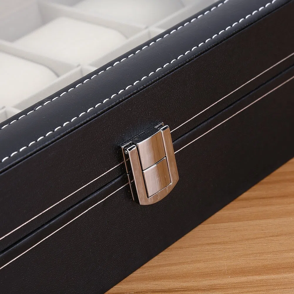 Caja de reloj de 12 ranuras con tapa de vidrio grande y almohadas de reloj extraíbles, organizador de relojes para hombres y mujeres