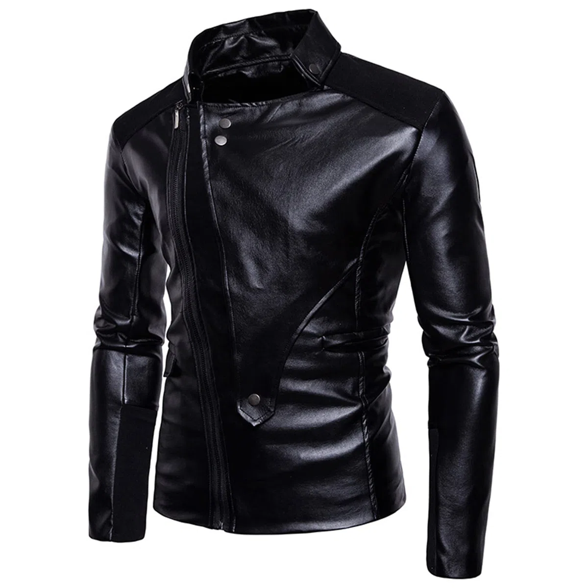 WFEI Chaqueta de Cuero de PU de los Hombres Oblique Cremallera Cuello de Cuello con Capucha Cuello con Capucha Cuello de la Motocicleta Chaqueta de Cuero