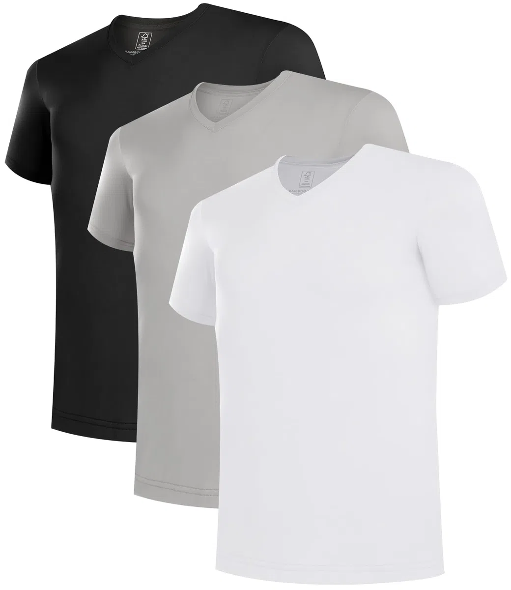 BAMBOO COOL Camisetas para hombre con cuello en V que absorben la humedad, camisetas elásticas para hombre, ajuste delgado, paquete de 3 unidades, suaves y transpirables, 1 blanco, 1 negro, 1 gris,