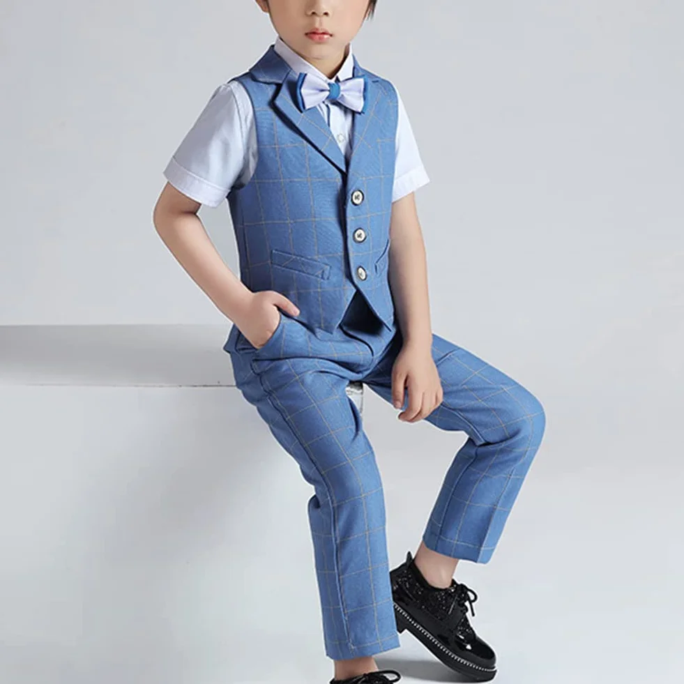 Traje de Caballero para Niño,Traje Conjunto de Chaleco a Cuadros Azul de Bebés Niños para Ceremonia,Traje Formal de Fiesta de Boda para Niños,Verano Ropa Niños Elegante Trajes de Bautizo