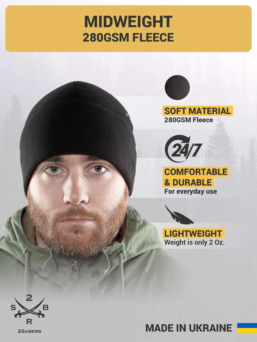 2SBR 2SABERS Gorro de invierno cálido de forro polar, para hombre, para clima frío, color negro