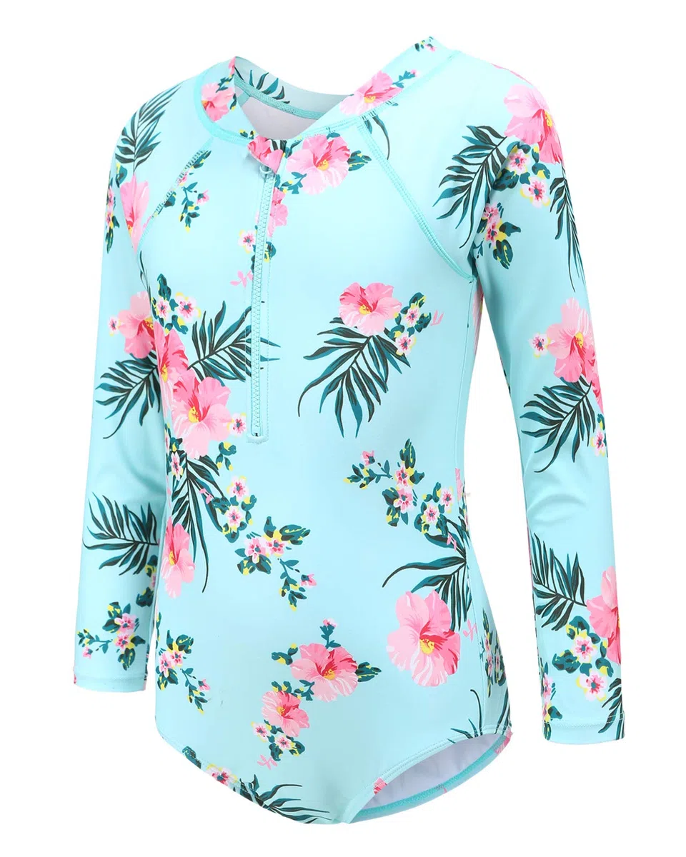 Girls Long Sleeve Swimsuit Kids One Piece Beach Rash Vest Girls Swimming Costume Age 5-16 Years