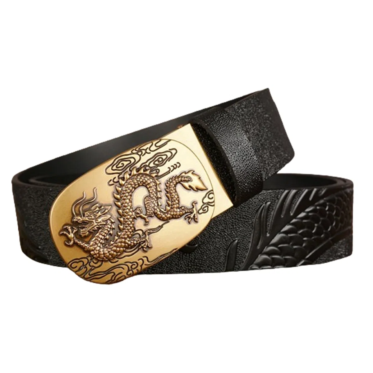 Cinturón De Trinquete para Hombre Hebilla Automática Deslizante Dragon Cinturones De Dragón Tallado En Relieve Longitud 110-130cm Correas De Cuero De Vaca(130cm/51, Black)