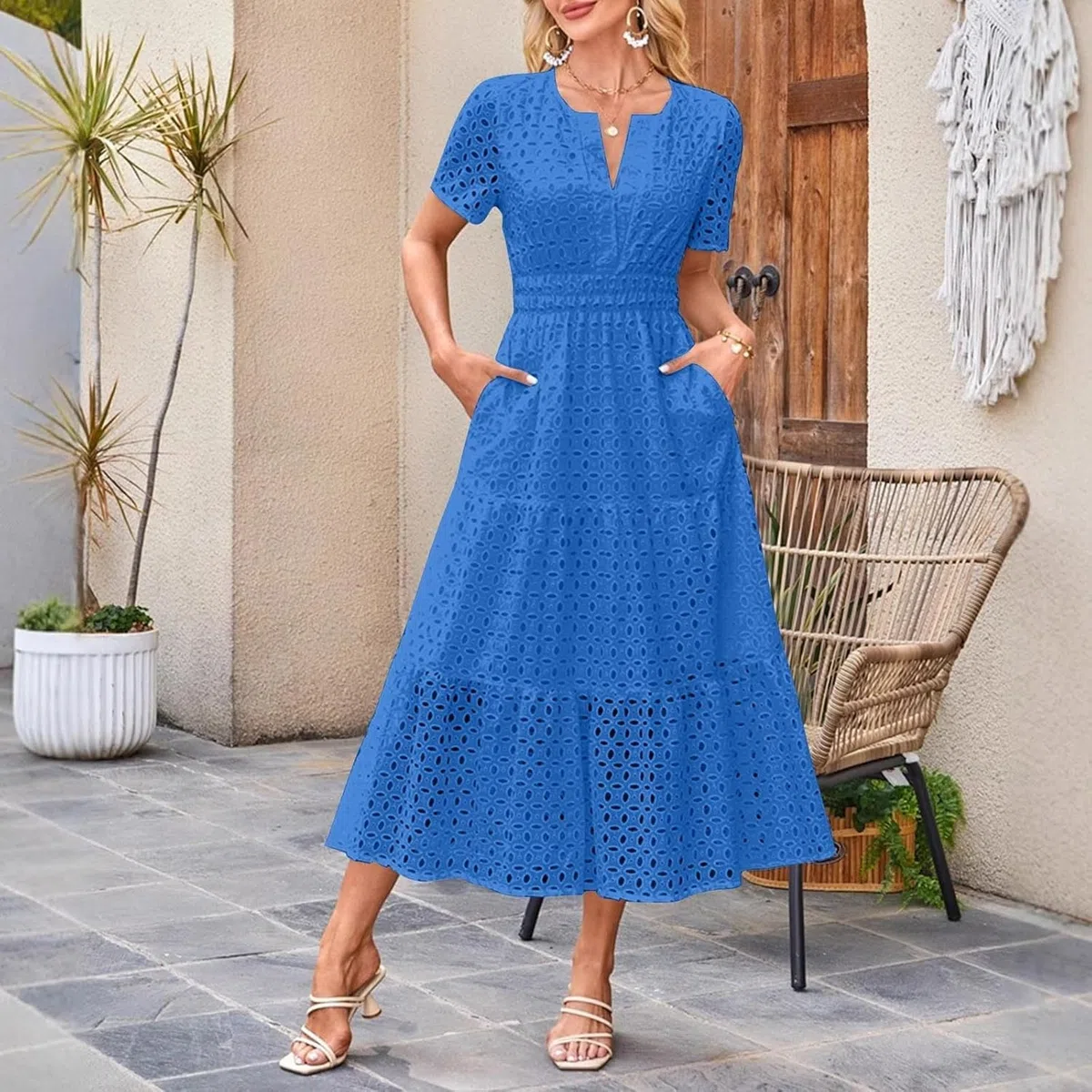 Vestidos de Verano, Vestido de Manga Corta con Ojales, Cuello en V,Vestidos playeros Largos y fluidos, Estilo Bohemio, Elegante, Informal, Largo, con Bolsillos, Vestido de Verano Informal.
