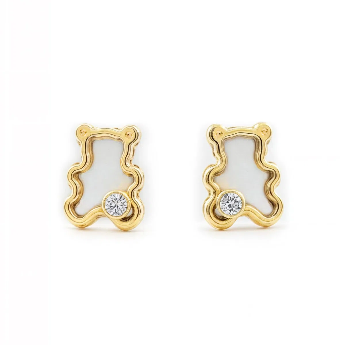 Pendientes Oro Bebe o Niña oso fondo nacar y circon (9kts) - Estuche Regalo - Certificado de Garantía - Mondepetit