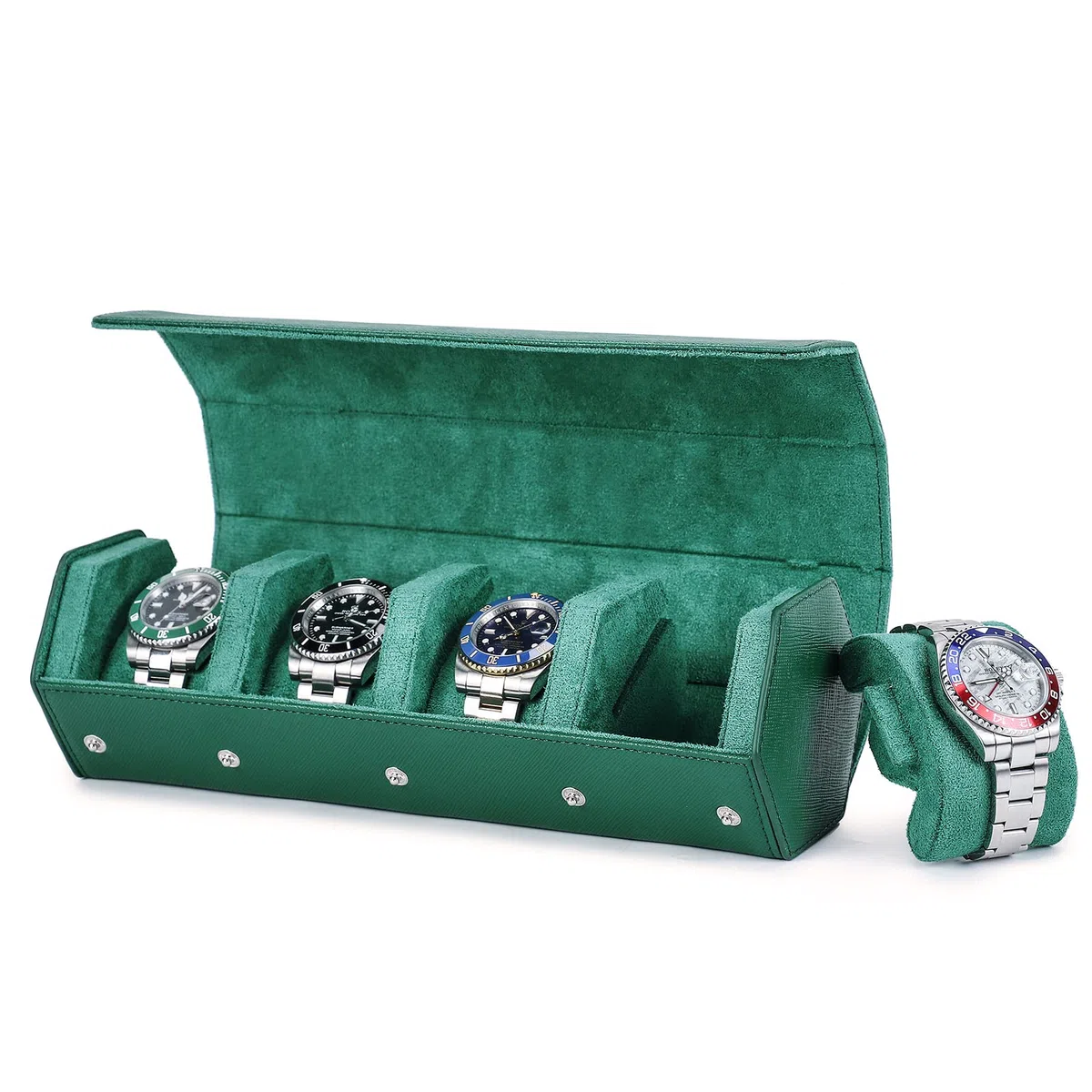 Hiram Estuche enrollable para relojes hexagonales, en auténtica piel, para 4 relojes, estuche de viaje para relojes, organizador protector para relojes de pulsera