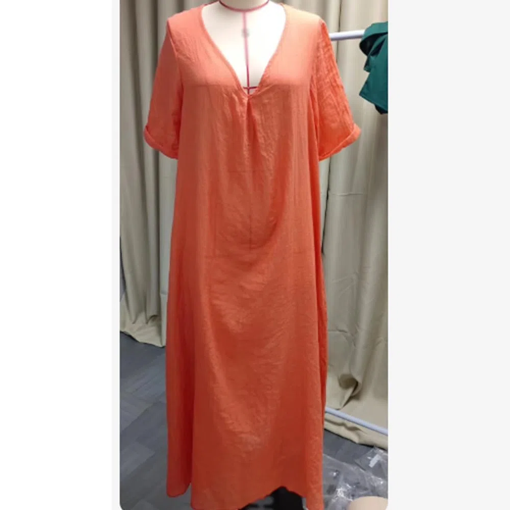 Frontaley Cotton and Linen V-Neck Midi Dress, Solid Casual Dress, Comfortable Holiday Style (Orange,11XL)