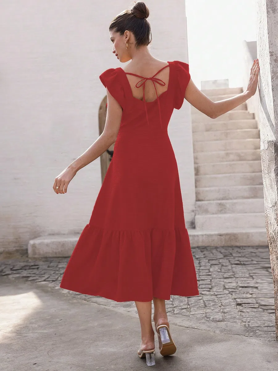 Sugathari Chica y mujer Color sólido cuello cuadrado, dobladillo con volantes sin mangas, sisas con volantes y vestido casual con cintura entallado trajes de vacaciones para mujer (vestido 176)