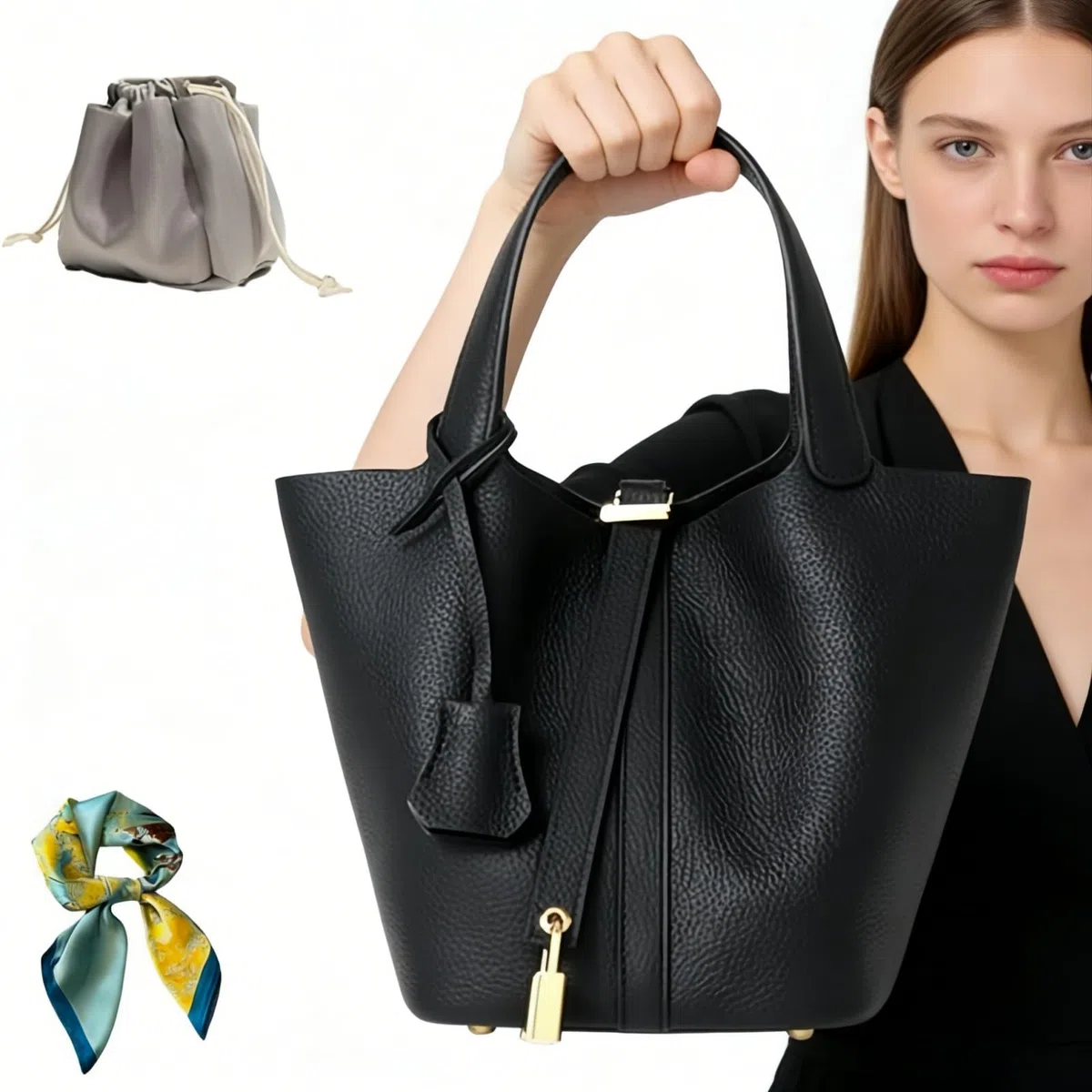 Bolso de piel auténtica para mujer: bolso de hombro con diseño de cerradura, versátil y asa superior, cesta de verduras de moda