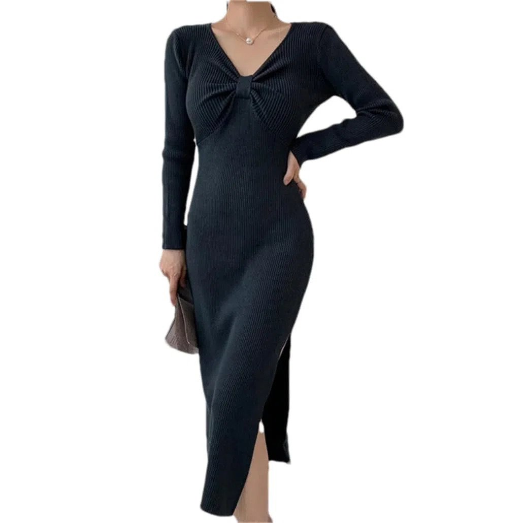 Vestido ajustado de punto con cuello en V para mujer, vestido de suéter de manga larga vintage para otoño e invierno