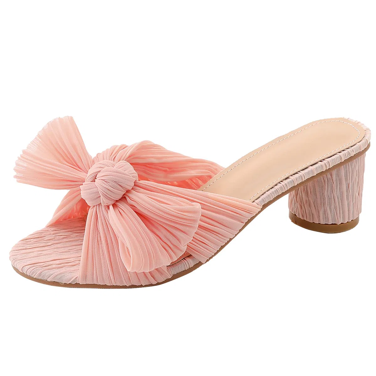 Sandalias de tacón de gatito de satén para mujer, sin cordones, con lazo, puntera abierta, sin espalda, tacón bajo, color rosa, 38 EU/7 EE. UU