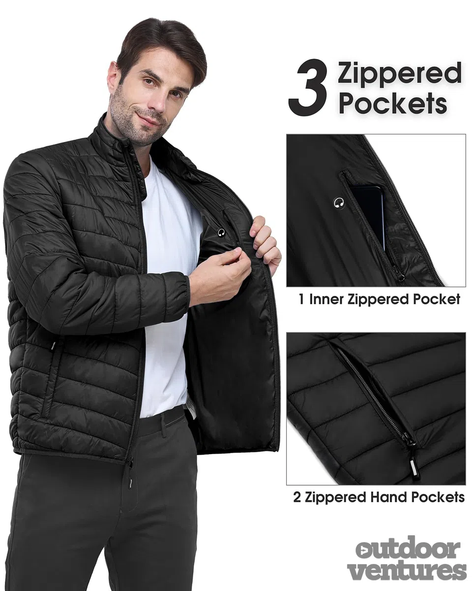 Outdoor Ventures Chaqueta acolchada para hombre, ligera, cálida, chaqueta de entretiempo, chaqueta acolchada, resistente al agua, chaqueta para exteriores e informal