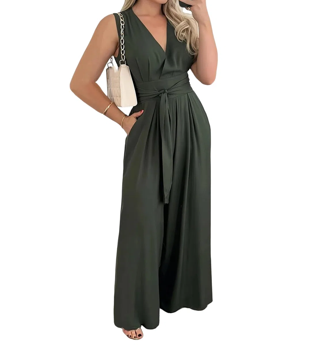 Yeuyyben Mono de pierna ancha con cuello en V para mujer, con lazo en la cintura, casual, color liso, ajuste holgado, elegante, pantalones largos