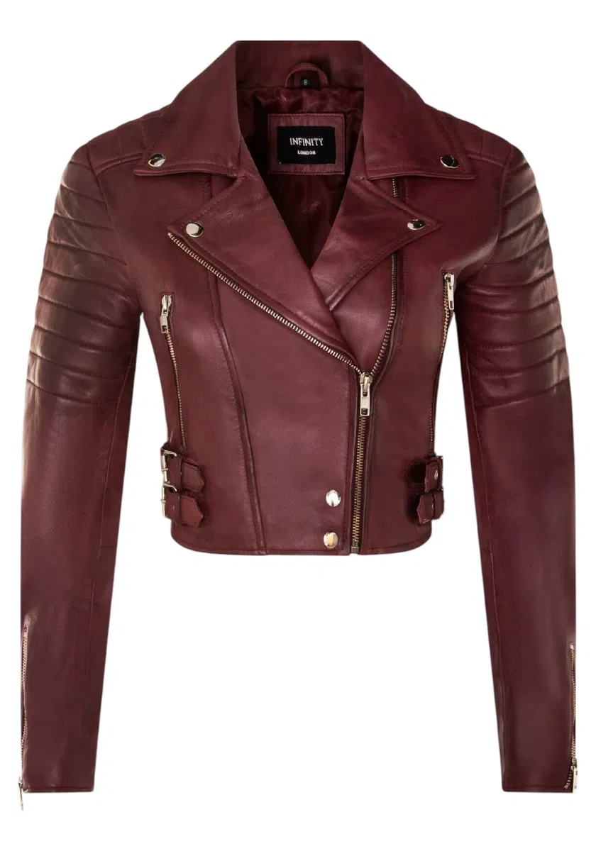 Infinity Leather Chaqueta corta para mujer, cuerpo corto, top gótico, chaqueta de cuero real para motociclista elegante