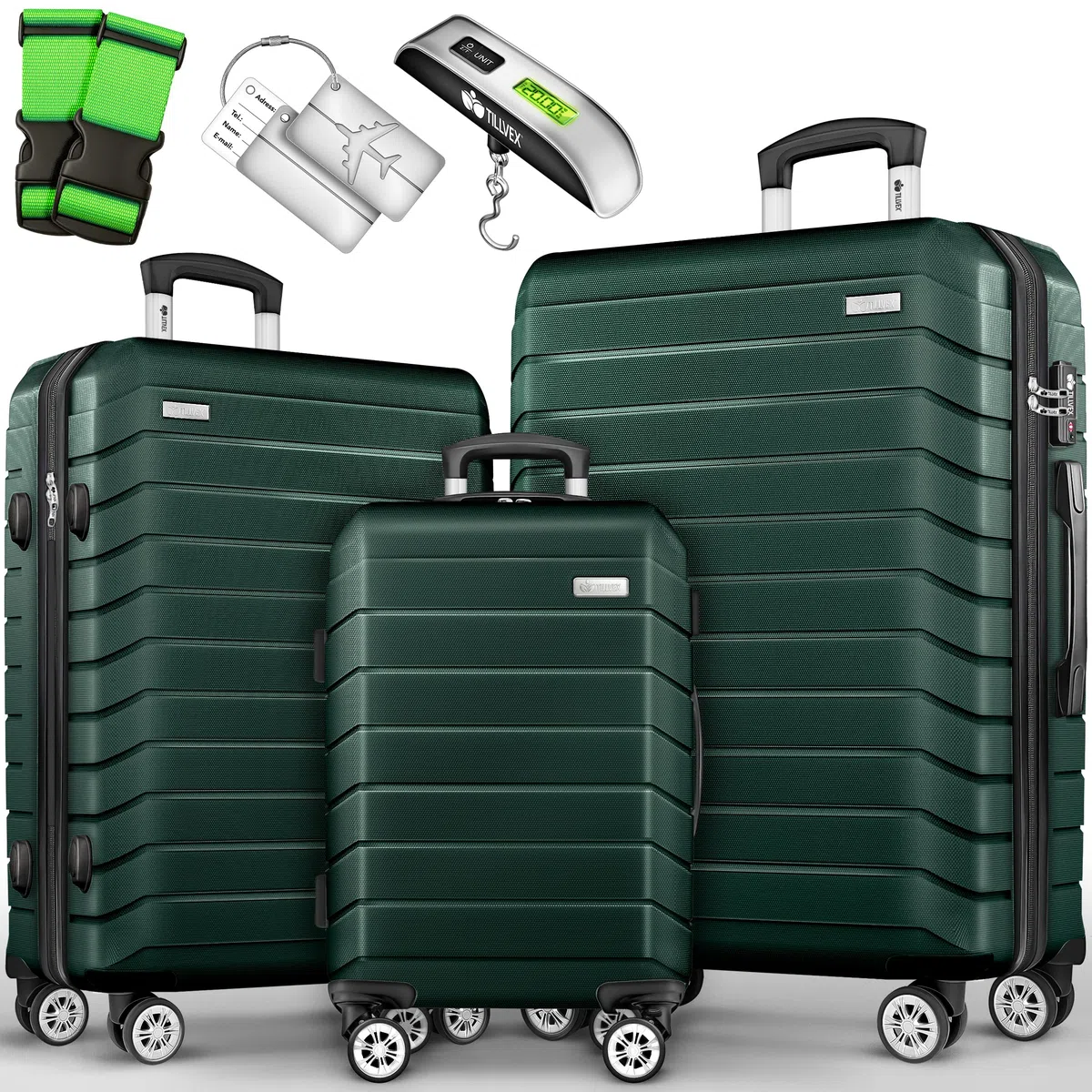 tillvex® Juego de 3 Maletas de Viaje + báscula de Equipaje, 3 Correas y 3 Etiquetas para Equipaje, Juego de 4 Ruedas, Maletas rígidas M-L-XL, candado TSA
