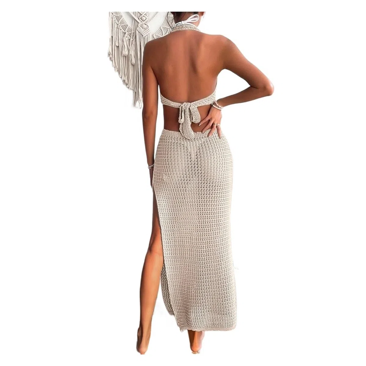Vestido de Playa de Ganchillo Vestido Largo sin Mangas con Cuello Halter de Crochet Beige for Mujer for Vacaciones en la Playa Verano