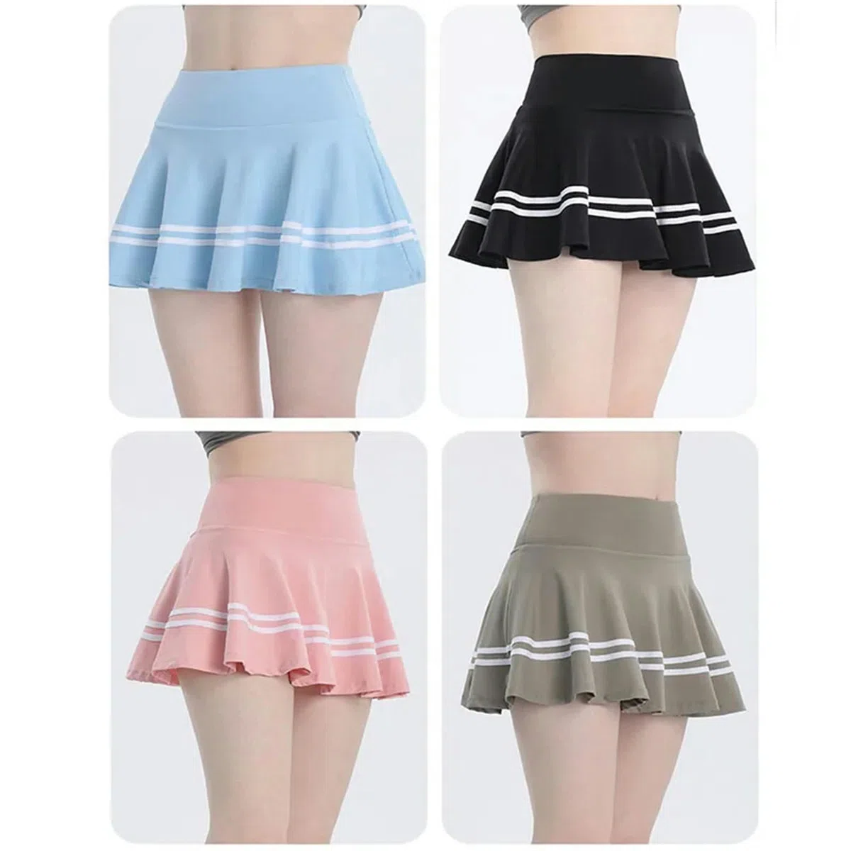 Falda Pantalones Cortos Deportivos De Verano Femeninos con Bolsas Laterales Incorporadas Y Faldas De Tenis Falsas De 2 Piezas De Cintura Alta-Negro-l