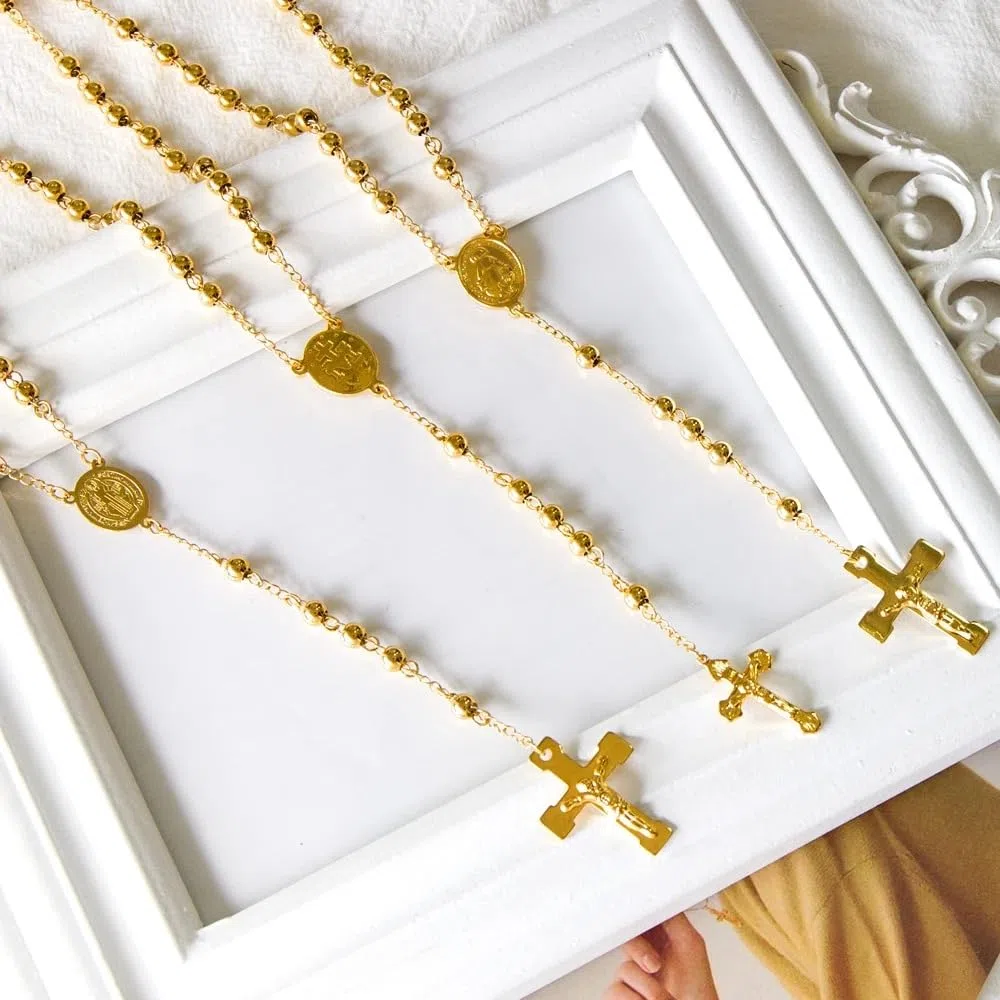 Collar de rosario religioso de plata de ley 925 para mujeres y hombres - Rosarios católicos escapularios largos Collares con colgante de cuentas para hombre