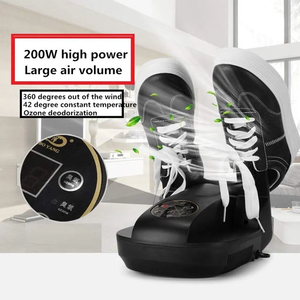 Secador de Zapatos eléctrico y desodorizador de ozono, esterilizador de Zapatos/Botas con Controles Digitales, Temporizador telescópico Plegable para desinfección (27 x 10 cm) - Negro