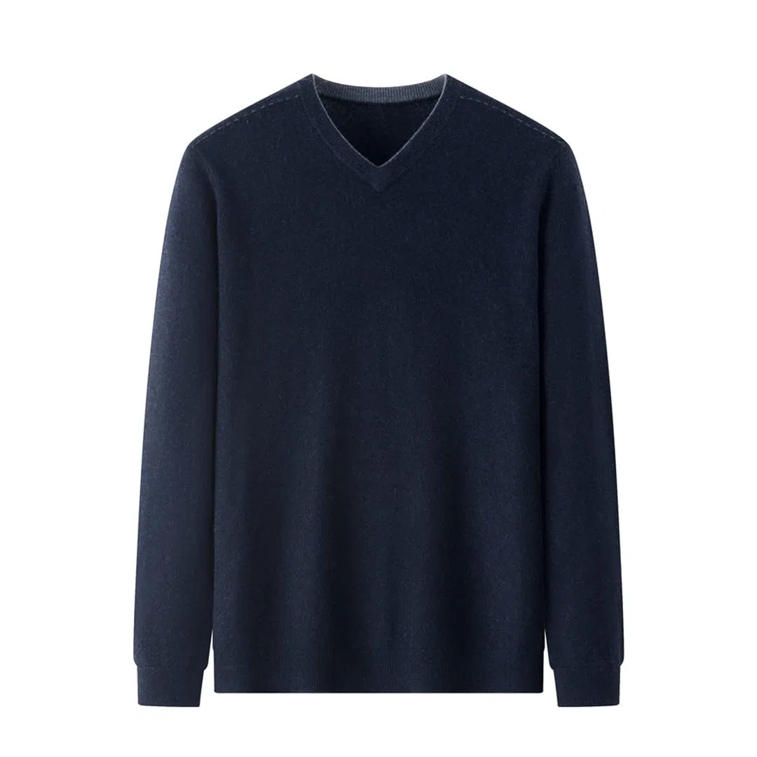 Los hombres jersey de lana de color sólido con cuello en v suéter de punto de los hombres ropa de otoño, azul, XL