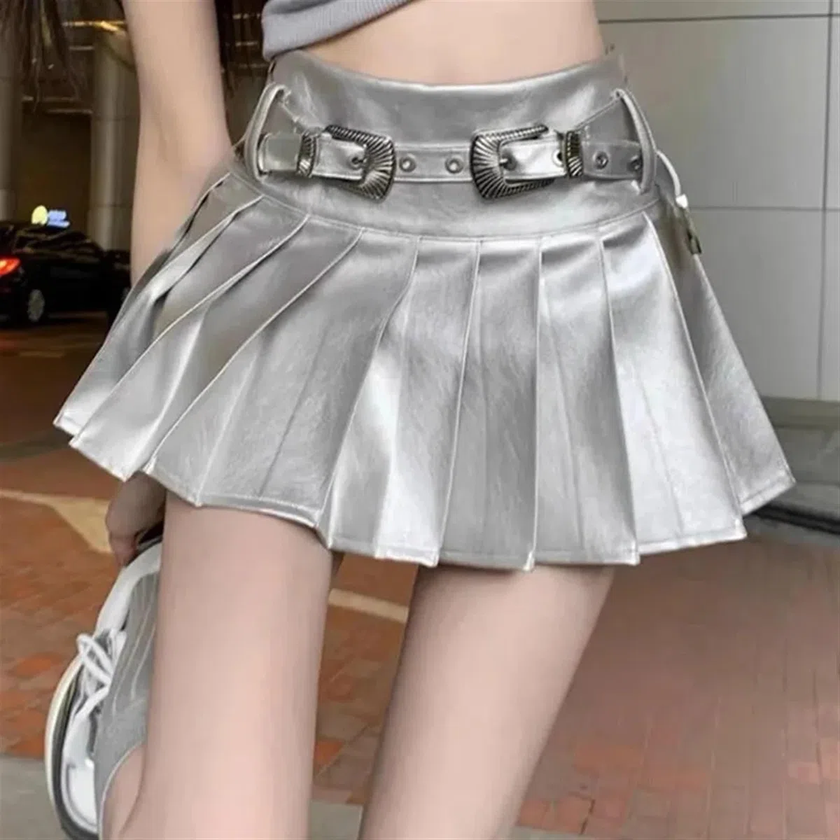 Falda Plisada Mujer Faldas Plisadas Plateadas de Cuero sintético for Mujer, minifaldas de Cintura Alta con cinturón, de Verano, de Corte A(Silver with Belt,S)