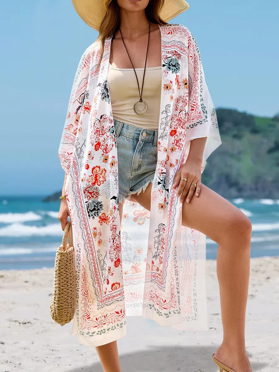 MayBuy Kimono largo de verano para mujer, estilo bohemio, de gasa, para cubrir la playa