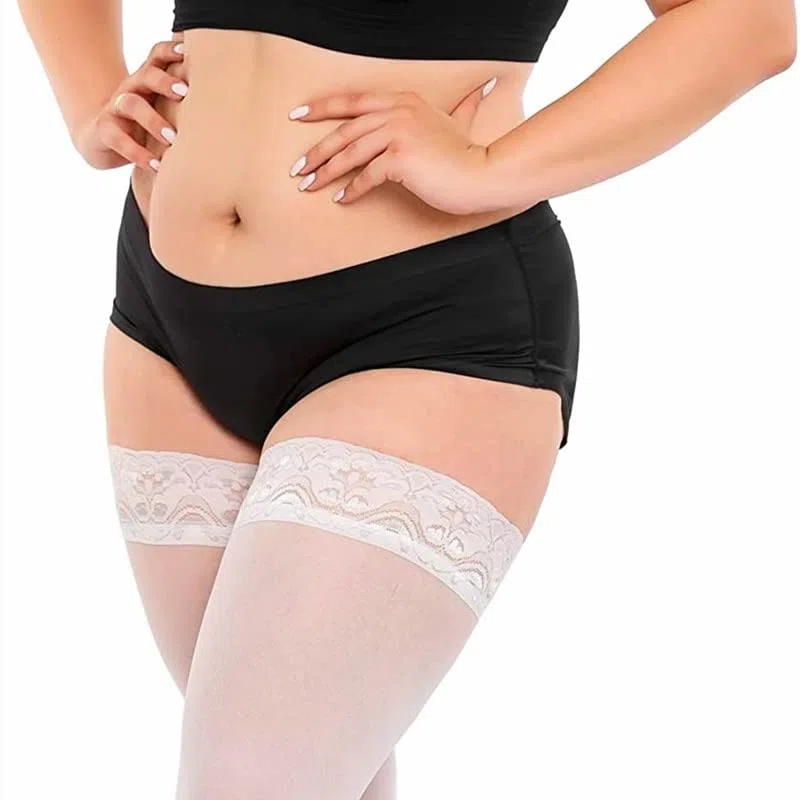 Medias de Talla Grande Lencería Medias de Mujer hasta el Muslo Encaje Rejilla Calcetines Grandes (Negro A) (Blanco