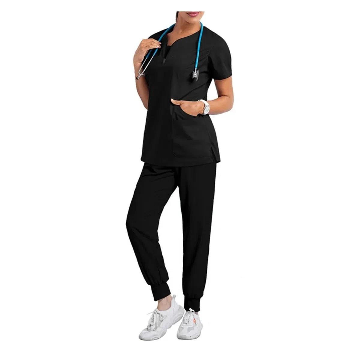 Uniforme Sanitario Hombre Accesorios Hospital Salón de Belleza Médico Enfermería Ropa Casual Manga Corta Enfermera Farmacia Trabajo Tops y Trajes(Black Suit,M-50-60KG)