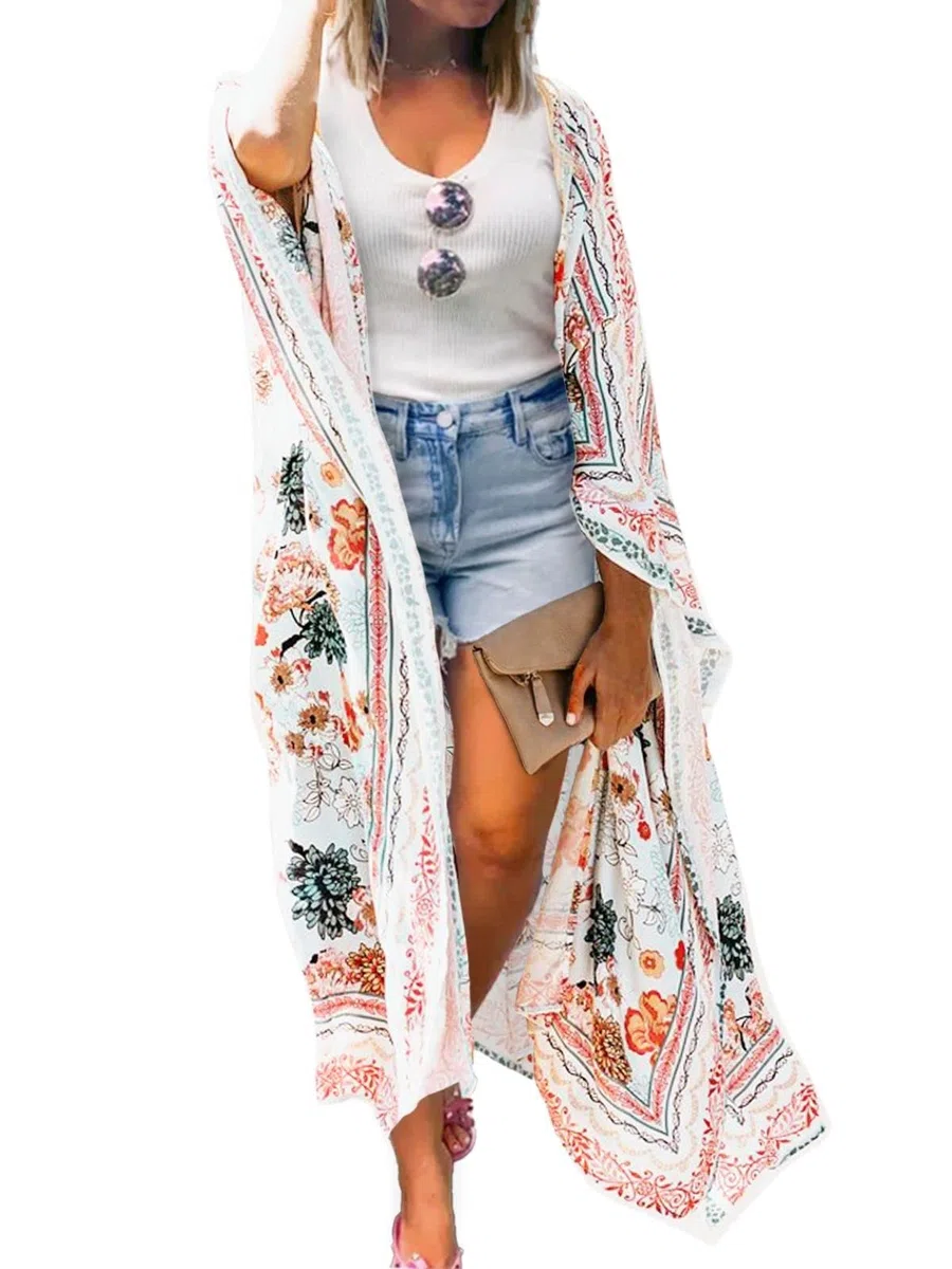 MayBuy Kimono largo de verano para mujer, estilo bohemio, de gasa, para cubrir la playa