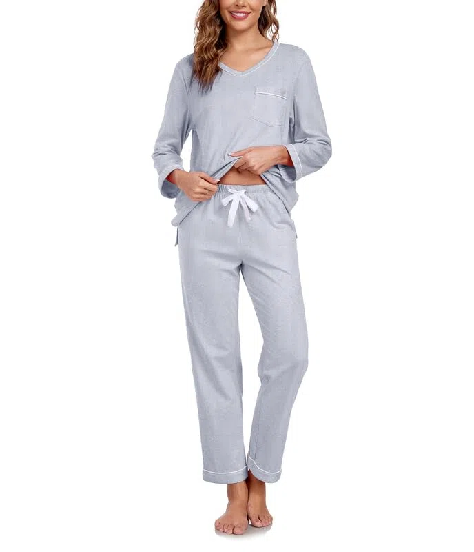 COLORFULLEAF Pijama para mujer 100% algodón largo pijama conjunto dos piezas otoño invierno pijamas manga larga traje de casa, gris, XL