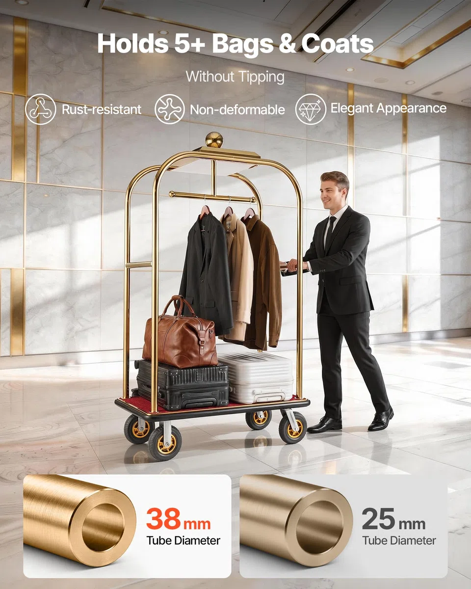 VEVOR Carrito de Transporte para Hotel, Carro de Equipaje con Barra para Colgar de Acero Inoxidable con Plataforma Roja de 1080 x 640 mm, Capacidad 544 kg con Ruedas de Goma para Resorts Recepciones