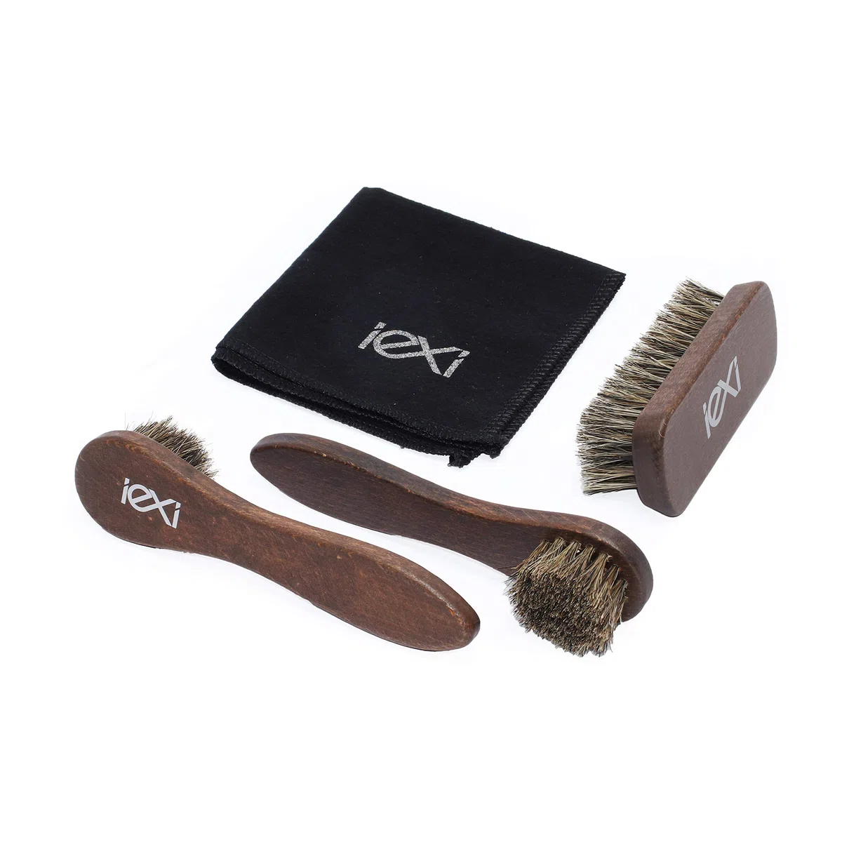 IEXI Ethic Kit - Kit con caja de madera para el cuidado y mantenimiento de zapatos de cuero, bolsos, cinturones y otros accesorios - Kit con 3 cepillos, 2 cremas y paño - Idea de regalo