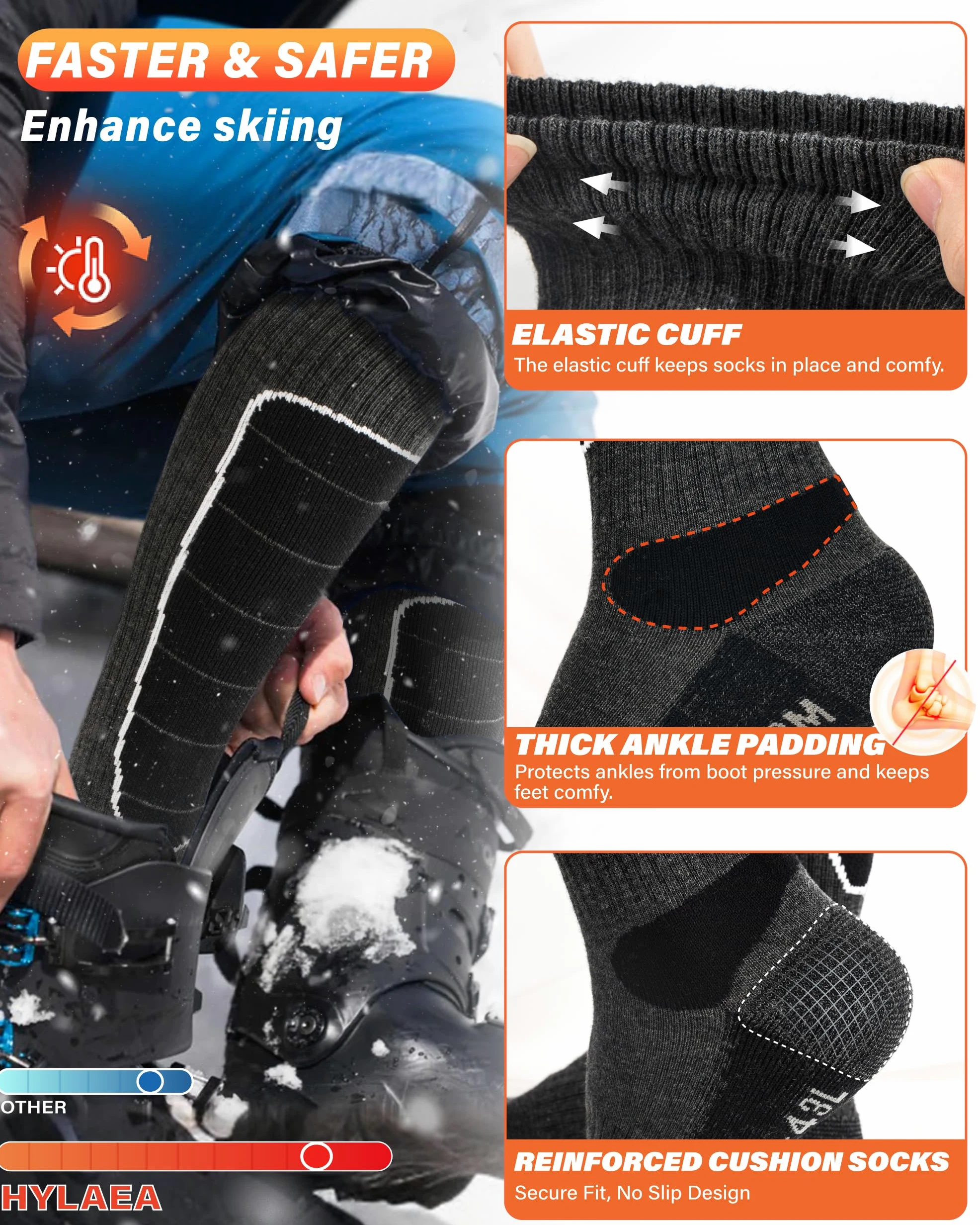 Calcetines de esquí de lana merino para snowboard, nieve, invierno, calcetines térmicos hasta la rodilla calientes, caza, deportes al aire libre (3 pares (gris negro)